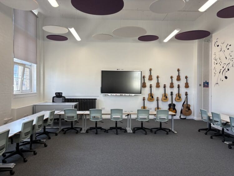 School refurbishment with modern furniture solutions in music classroom.