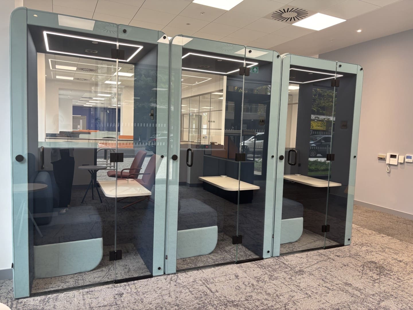 Acoustic work booths in London office fit out project.