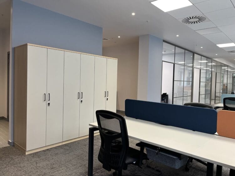 Bespoke office storage for London office interior design scheme.