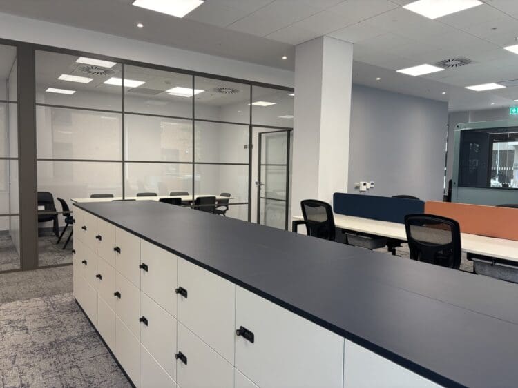 Modern office storage solutions in London office interior design.