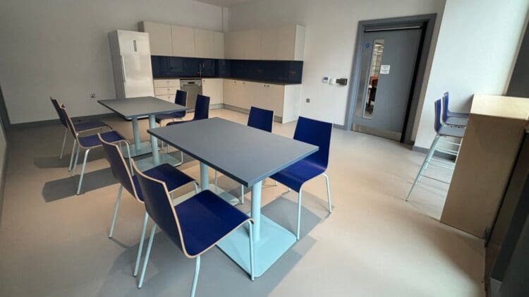 Office breakout area and tea point design in London office fit out project.