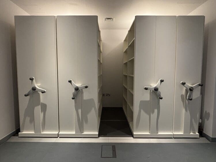 Office storage roller racking in London office fit out project
