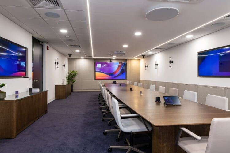 Boardroom design with bespoke boardtable and meeeting chairs for London office refurb.