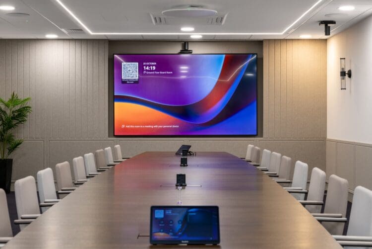 Modern high end boardroom interior design in London office refurbiahment.