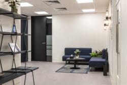 Office breakout space with modular furniture solutions in London office refurb.