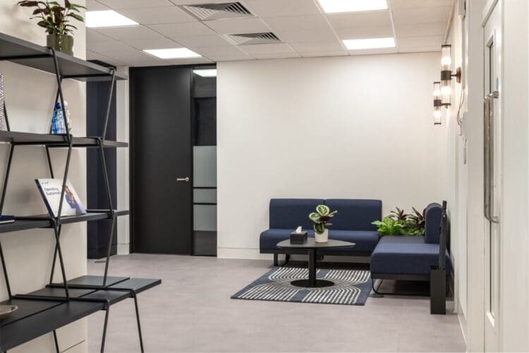 Office breakout space with modular furniture solutions in London office refurb.