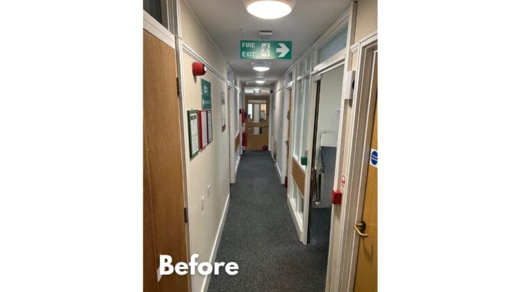 Office corridor before Rap Interiors redcorate fro the Heart of Kent Hospice