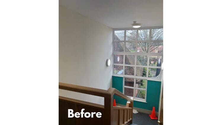 Stairwell at a Kent hospice before its redecorated by Rap Interiors