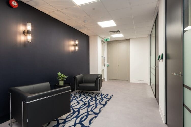 Visitors waiting area in London office design scheme.