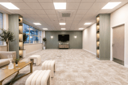 Flexible meeting space with bespoke office furniture.