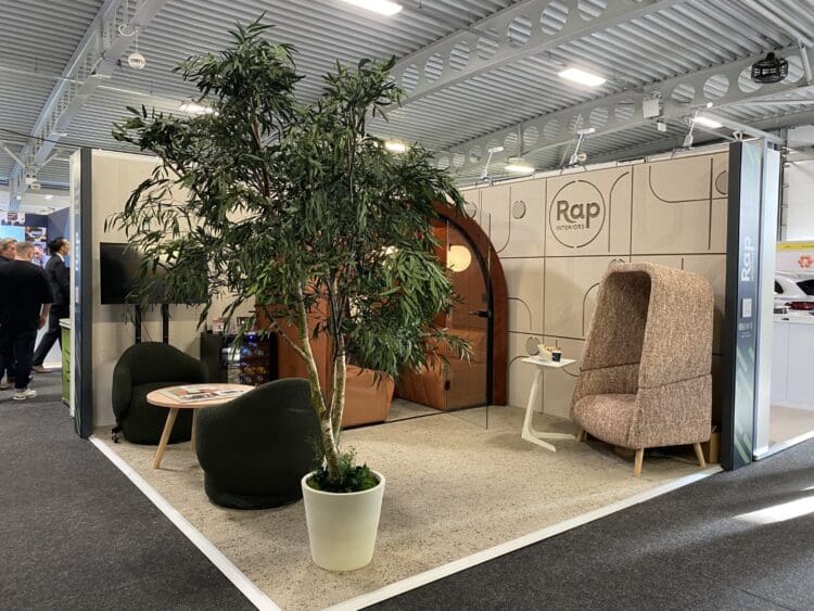 Rap Interiors' exhibition stand with office furniture solutions.